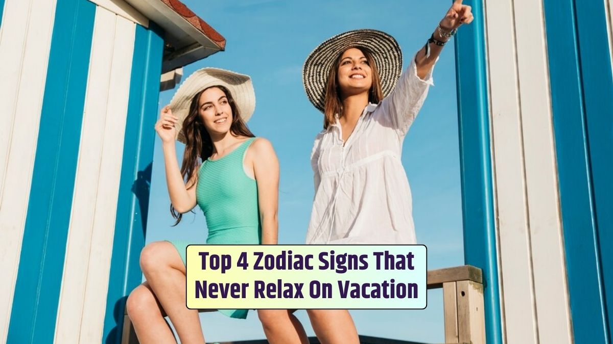 In a beach and summer setting, the woman pointing represents those who never truly relax on vacation.