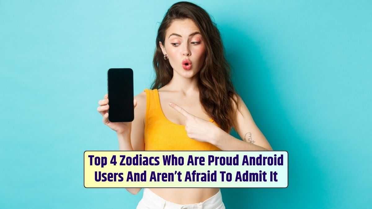 The young, excited woman in a summer cropped top, pointing at her empty smartphone, proudly identifies as an Android user.