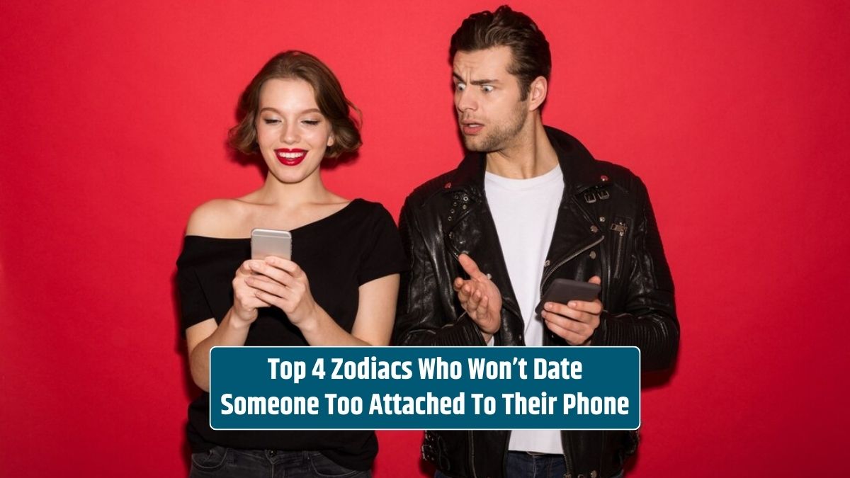 A smiling female punk, engrossed in her smartphone, avoids dating someone too attached to their phone, while a man peeps at her.