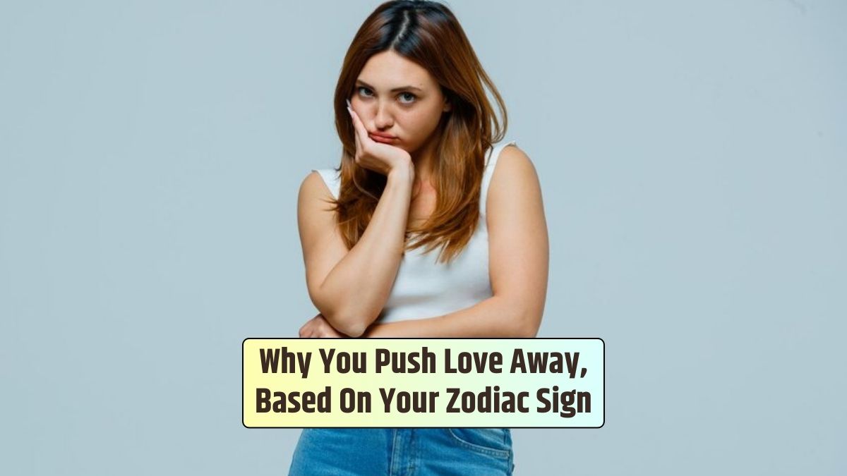 The young woman, resting her chin on her palm, tends to push love away, influenced by her zodiac sign's traits.